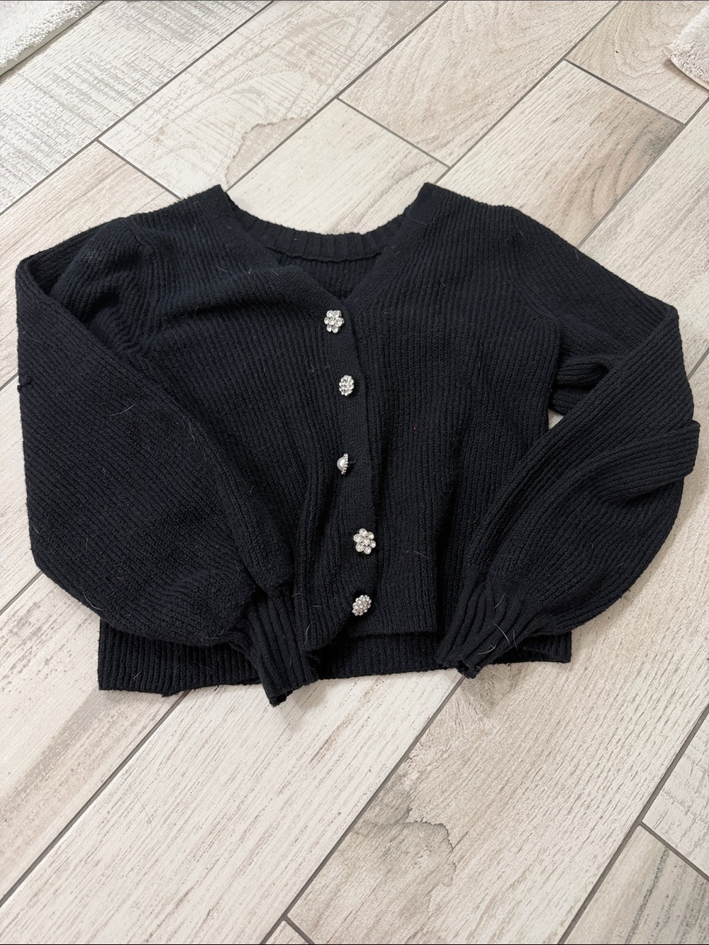 STATE Black Knit Cardigan with Rhinestone Flower Buttons